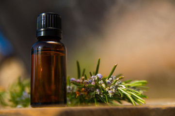 Rosemary oil in small glass bottle
