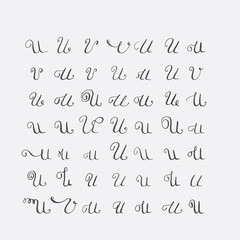 Vector set of calligraphic letters U, handwritten with pointed nib, decorated with flourishes and decorative elements. Isolated on grey black imperfect letters sequence. Various shapes collection.