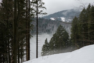 View from mountains with cloudy inversion below in winter. Slovakia