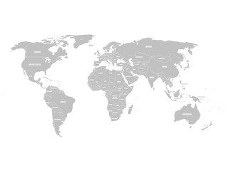 Grey political World map with country borders and white state name labels. Hand drawn simplified vector illustration.
