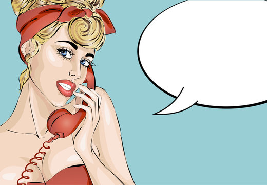 Sexy Pin-up woman answers a phone call. Vector pop art comic retro style illustration
