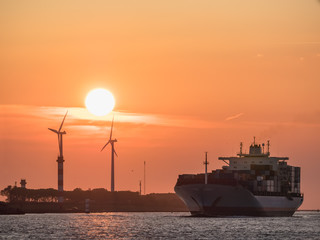 Container ship arrives to port during sunset
