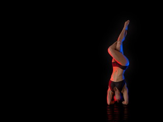 woman athlete gymnast performing acrobatic elements on a black background in the scenic red and...