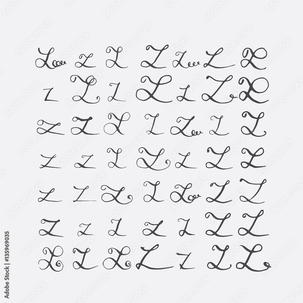Poster vector set of calligraphic letters z, handwritten with pointed nib, decorated with flourishes and de