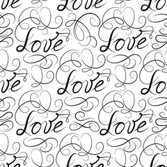 Love seamless pattern. Doodle ornamental handwritten calligraphic vignette background