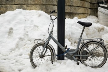 Old bicycle in the snow. Slovakia