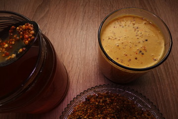 Bee pollen and honey mixed with mineral water, healthy drink 