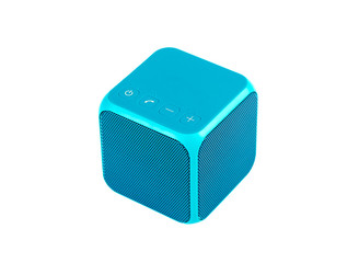 Blue bluetooth speaker cube isolated on white background