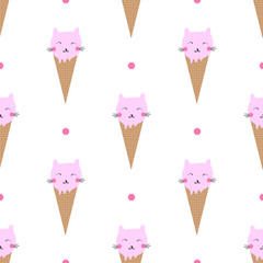 Cute cat ice cream seamless pattern. Vector illustration.
