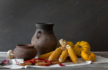 Still life in a rustic style: autumn harvest: set of clay dishes, corn, pumpkins and wooden spoon on a table. Natural light from a window. © symbol344