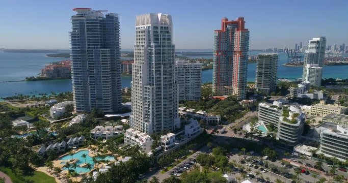 Aerial drone footage of beachfront condos in Miami Beach FL