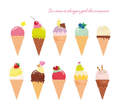 Ice cream cone set. Realistic. Bright and pastel colors. Isolated on white.