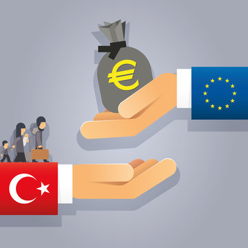 Illustration Flüchtlings-Deal EU Türkei mit Händen mit Geld und Flüchtlingen

