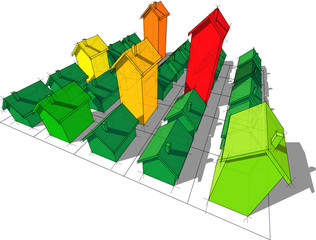 field of 25 transparent transparent simple detached houses with different height on rectangular  grid composed of squares in colors of energy rating diagram