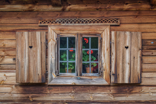 old wooden window in a Nowogrod museum of Polish village life