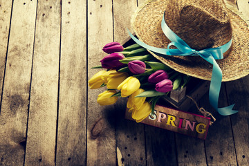 Spring, Vacation or Summer Concept. Straw Hat with Beautiful Pur