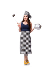 Young woman cook isolated on white background