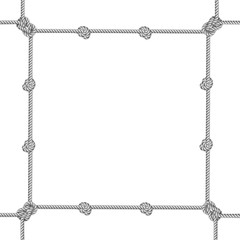 Gray rope woven vector border with rope knots, vector frame, isolated on white background
