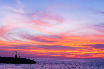 Nightview of tuscany coastline from Viareggio's port at night, in the background the Apuan Alps, Italy