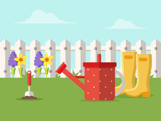 Spring Garden with Flowers and Gardening Equipment. Flat Design Style.