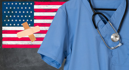 Blue scrubs with USA flag for healthcare issues