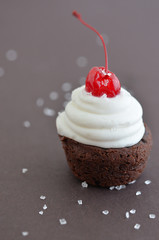 Closeup of chocolate brownie cupcake with cherry on top with sugar detail