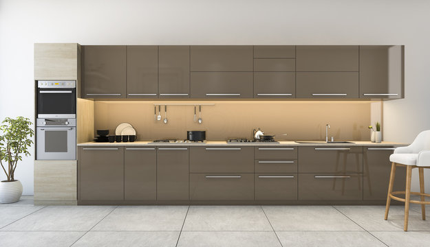 3d rendering nice wooden kitchen with modern decor