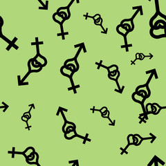 Seamless pattern of female and male romantic collection. Female and male small black heart signs of different sizes. Pattern on light green background. Vector illustration