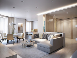 Naklejka na ściany i meble Elegant and luxurious light open living and dining room