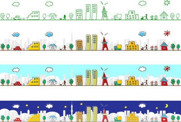 手書き　街並み　都市背景　セット