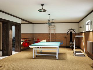 Home gym in the basement with fitness equipment and table tennis - 135987278