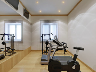 Fototapeta na wymiar Home gym interior with fitness equipment