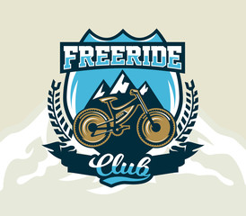 Fototapeta na wymiar Logo mountain bike. The emblem of the bicycle and the mountains. Extreme sport. Freeride, downhill, cross-country. Badges shield, lettering. Vector illustration.