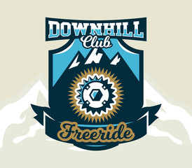 Logo bicycle sprocket. The emblem of the spare parts bike and mountain views. Extreme sport. Freeride, downhill, cross-country. Badges shield, lettering. Vector illustration.