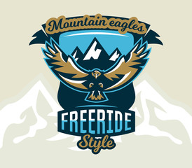 Logo, emblem of an eagle flying. Mountains, rocks. Badges shield, lettering. Vector illustration.