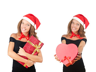 Santa girl with giftboxes on white