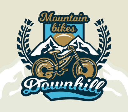 Logo mountain bike. The emblem of the bicycle and the mountains. Extreme sport. Freeride, downhill, cross-country. Badges shield, lettering. Vector illustration.