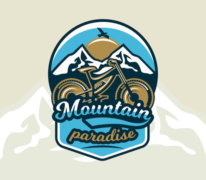 Logo mountain bike. The emblem of the bicycle and the mountains. Extreme sport. Freeride, downhill, cross-country. Badges shield, lettering. Vector illustration.