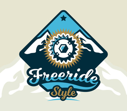 Logo bicycle sprocket. The emblem of the spare parts bike and mountain views. Extreme sport. Freeride, downhill, cross-country. Badges shield, lettering. Vector illustration.