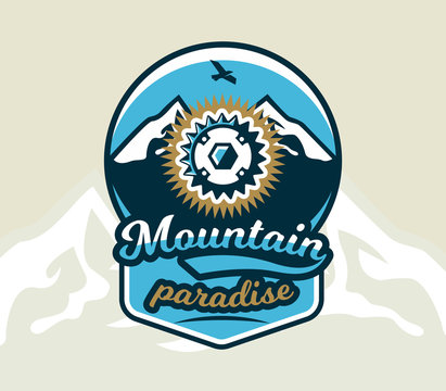 Logo bicycle sprocket. The emblem of the spare parts bike and mountain views. Extreme sport. Freeride, downhill, cross-country. Badges shield, lettering. Vector illustration.
