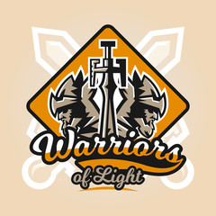 Logo on the warrior. The emblem of the face of a bearded man in a medieval helmet and sword. Hero, barbarian, defender of the castle knight, paladin. Badges shield, lettering. Vector illustration.