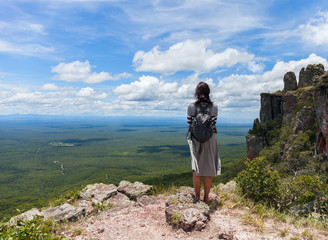 boundless expanse. view from mountains. Person girl standing on top. Chiquitania. Bolivia