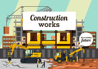 Vector illustration on the theme of a construction site. Construction of the building on background of the city. Construction crane, excavator drilling asphalt, truck, workers. Flat style