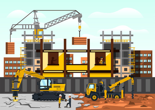 Vector illustration on the theme of a construction site. Construction of the building on background of the city. Construction crane, excavator drilling asphalt, truck, workers. Flat style