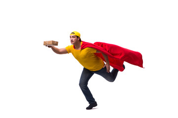 Super hero pizza delivery guy isolated on white