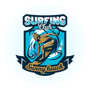 Logo on surfing. The emblem of male surfer on the board. Beach, waves, tropical island. Extreme sport. Badges shield, lettering. Vector illustration.