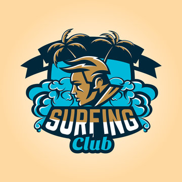 Logo on surfing. The emblem of the man's face surfer. Beach, waves, palm trees, tropical island. Extreme sport. Lettering. Vector illustration.