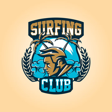 Logo on surfing. The emblem of the man's face surfer. Beach, waves, palm trees, tropical island. Extreme sport. Lettering. Vector illustration.