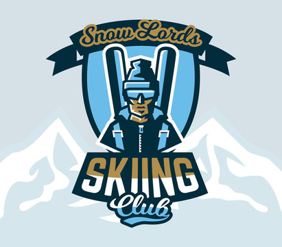 Logo skiing club. Emblem the skier in a cap and ski glasses, backpack and skis. Extreme winter sport. Isolated mountains in the background. Badges shield, lettering. Vector illustration.