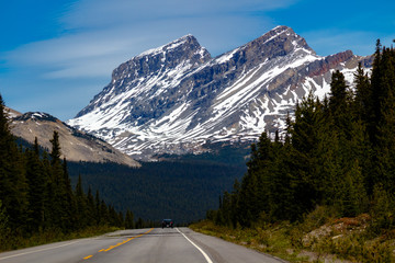 Majestic views and the open road driving along the Icefields Parkway, Banff and Jasper National Park, Alberta Canada